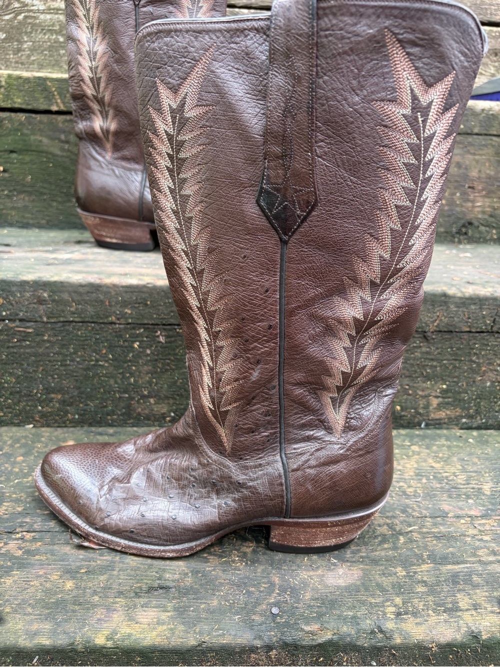 JB Hill Vintage Custom Brown Ostrich Leather Western Boots Feather Stitching